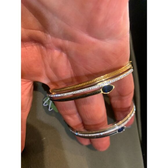 Stainless Steel MZ Collection Gold & Silver Tone Bangles With Blue Stone Accents - Picture 4 of 6